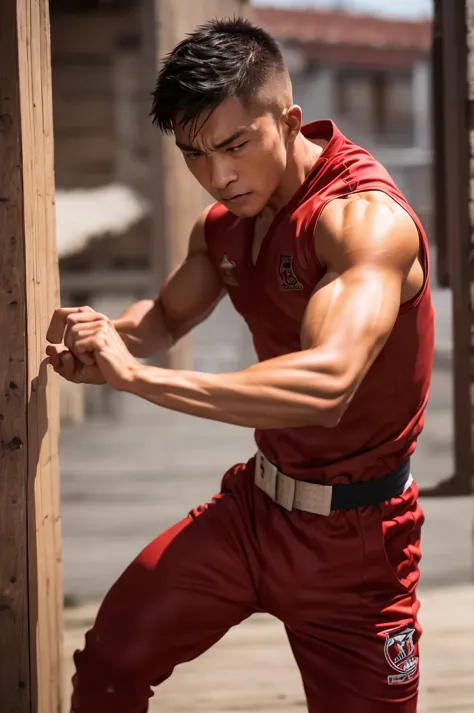 A powerful image of a male martial artist breaking through a barrier (e.g., wooden boards, bricks) with intense focus and determ...