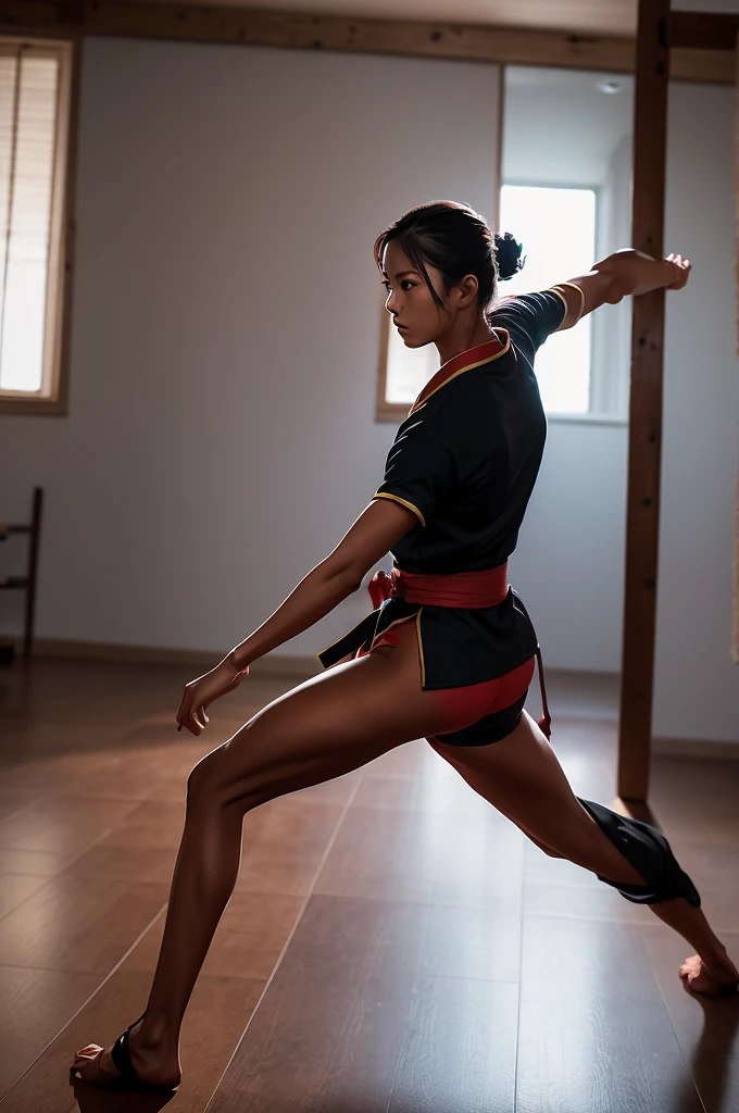 A silhouИttИ of a martial artist in a dynamic posИ (И.г., hiгh kick, strikinг stancИ) with a backdrop of a traditional dojo or a stylizИd draгon.