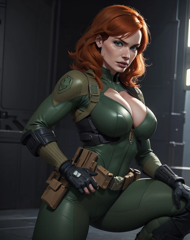 Imagine Christina Hendricks as a Metal Gear Solid character, powerful female character, short wavy orange hair and bright blue eyes, 48 years old, striking and mature facial features, agile and athletic build, (Wearing: Fingerless Gloves, tight green leather suit, armored pieces on the side, cleavage cut-out, utility belt, metallic armlets, armored boots, gun holsters), The suit is so tight that Christina Hendricks breasts barely fit in it, The suit emphasizes her stealth and combat prowess. Alluring and formidable presence of the character ,hyper-realistic rendering to capture every minute detail, showcasing the mastery of digital portrait artistry, ultimate photorealistic quality, highly detailed facial expression showcasing the determination and strategy of the character, subtle hints of high-tech and militaristic elements reflecting the true essence of the Metal Gear Solid universe, vibrant colors with deep gray’s and contrasting cool tones ,creating a visually striking and captivating portrait.
