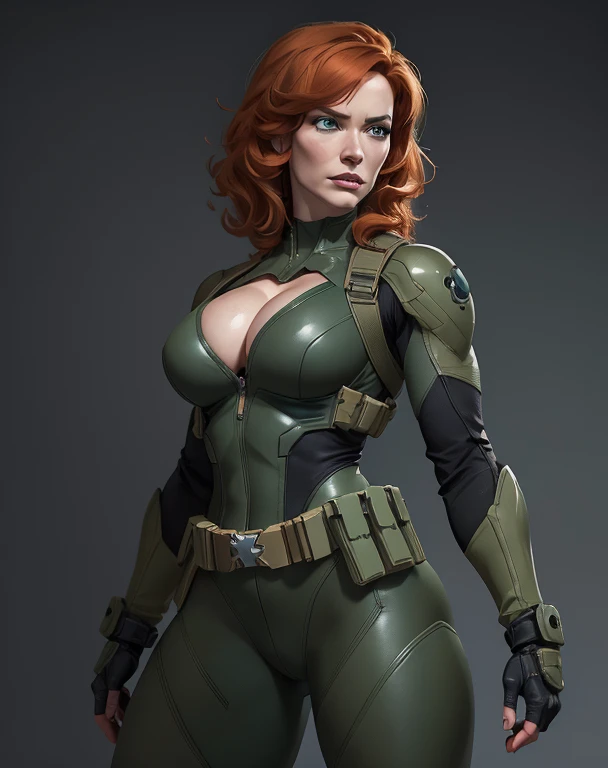 Imagine Christina Hendricks as a Metal Gear Solid character, powerful female character, short wavy orange hair and bright blue eyes, 48 years old, striking and mature facial features, agile and athletic build, (Wearing: Fingerless Gloves, tight green leather suit, armored pieces on the side, cleavage cut-out, utility belt, metallic armlets, armored boots, gun holsters), The suit is so tight that Christina Hendricks breasts barely fit in it, The suit emphasizes her stealth and combat prowess. Alluring and formidable presence of the character ,hyper-realistic rendering to capture every minute detail, showcasing the mastery of digital portrait artistry, ultimate photorealistic quality, highly detailed facial expression showcasing the determination and strategy of the character, subtle hints of high-tech and militaristic elements reflecting the true essence of the Metal Gear Solid universe, vibrant colors with deep gray’s and contrasting cool tones ,creating a visually striking and captivating portrait.
