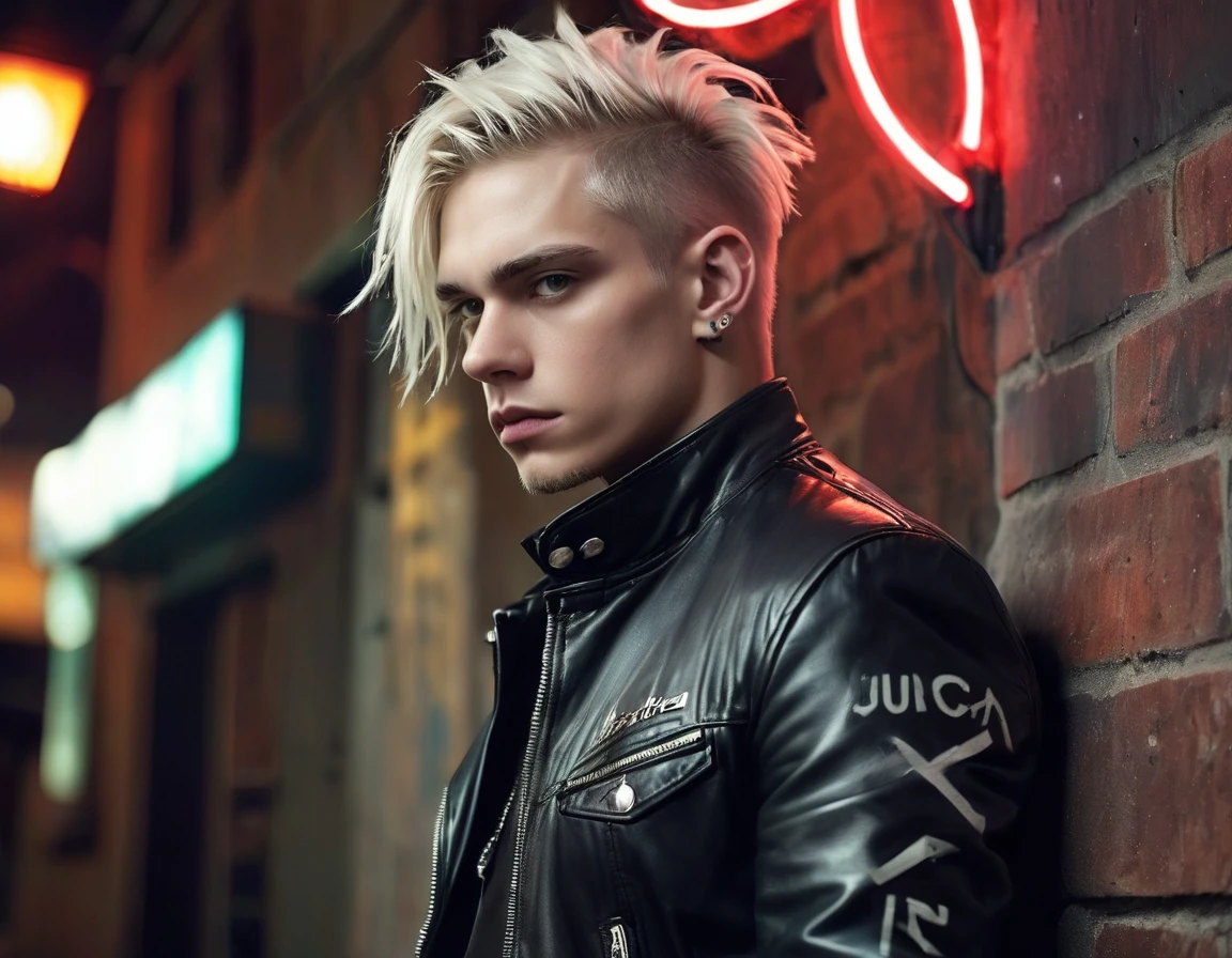 Photorealistic, low lighting, solo, young man, 22 years, pale skin, model (skinny:1.3), (short layered platinum blond hair:1.5), (black leather jacket:1.3), gothic punk clothes, incubus, sexy, (neon letters C N T X:1.4), strip club lighting, BDSM background