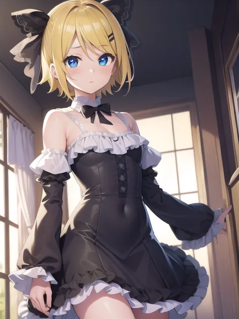 kagaminerin, rin kagamine, short hair, blue eyes, blonde hair,
break dress, bow, short sleeves, frills, detached sleeves, frille...