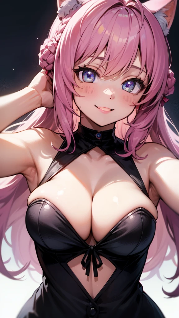 Masterpiece, top quality, high detailed, detailed face, bright eyes, simple background, large breast, dynamic poses, dynamic angle, from front, swm1,smile,pink hair,cat ears