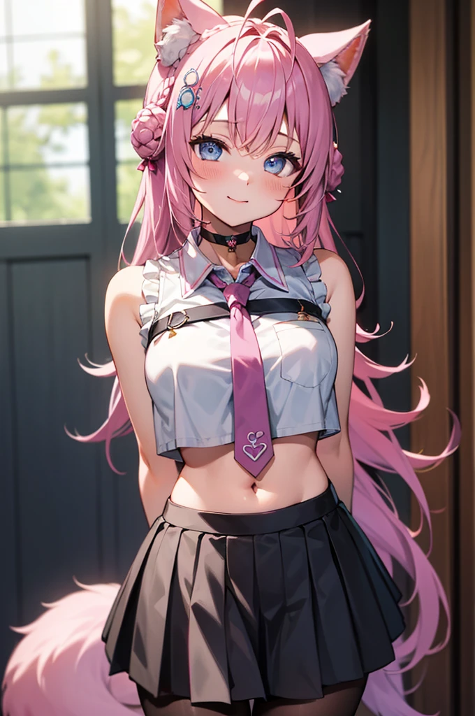 The Masterpiece,best qualiy,Hi-Res,standing a,DEF1,lora:Koyori-000015:1,pink tie,tights,hairornaments,Lilac eyes,One-sided braid,Sorrisos,1girl, animal ear fluff, animal ears, arm behind back, bangs, black choker, black skirt, blue eyes, blush, braid, braided bun, breasts, brown pantyhose, choker, closed mouth, cowboy shot, crop top, crop top overhang, crown braid, double bun, frilled skirt, frills, hair bun, hair ornament, hakui koyori, indoors, long hair, medium breasts, midriff, miniskirt, navel, necktie, pantyhose, pink hair, pink necktie, shirt, skirt, sleeveless, sleeveless shirt, smile, solo, standing, tail, hite shirt, wolf ears, wolf tail, masterpiece,highres,best quality, masterpiece, best quality, ultra-detailed