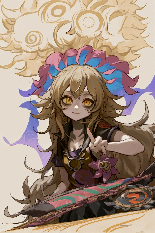 Neeko anime girl with blonde hair and yellow eyes looking at the camera., Stop four *, Junko Enoshima, Moe anime art style, in an anime style, [[[[smiling evilly]]]], anime monster girl, Marisa Kirisame, shikami, Stop four, anime style portrait, perfect anime face