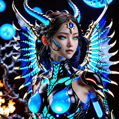 (model pose, k-popアイドル), cyborg少女、a horned demon with deep blue wings falls from the sky, (raw photos), beautiful効果, vibrant col...