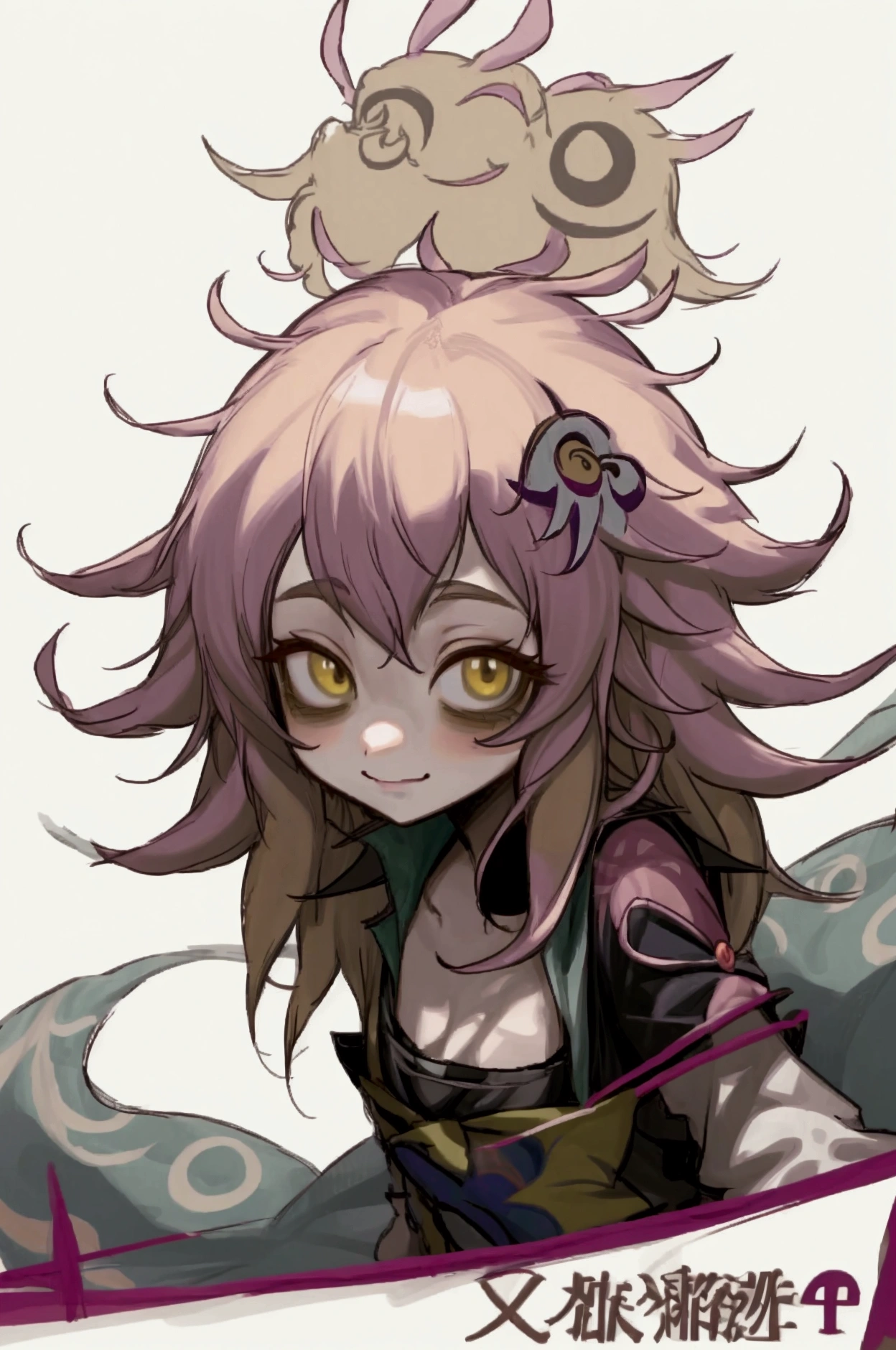 Chica de anime Neeko con cabello rubio y ojos amarillos mirando a la cámara., parada cuatro *, junko enoshima, estilo de arte anime moe, en un estilo anime, [[[[sonriendo malvadamente]]]], chica monstruo anime, marisa kirisame, shikami, parada cuatro, retrato de estilo anime, cara de anime perfecta