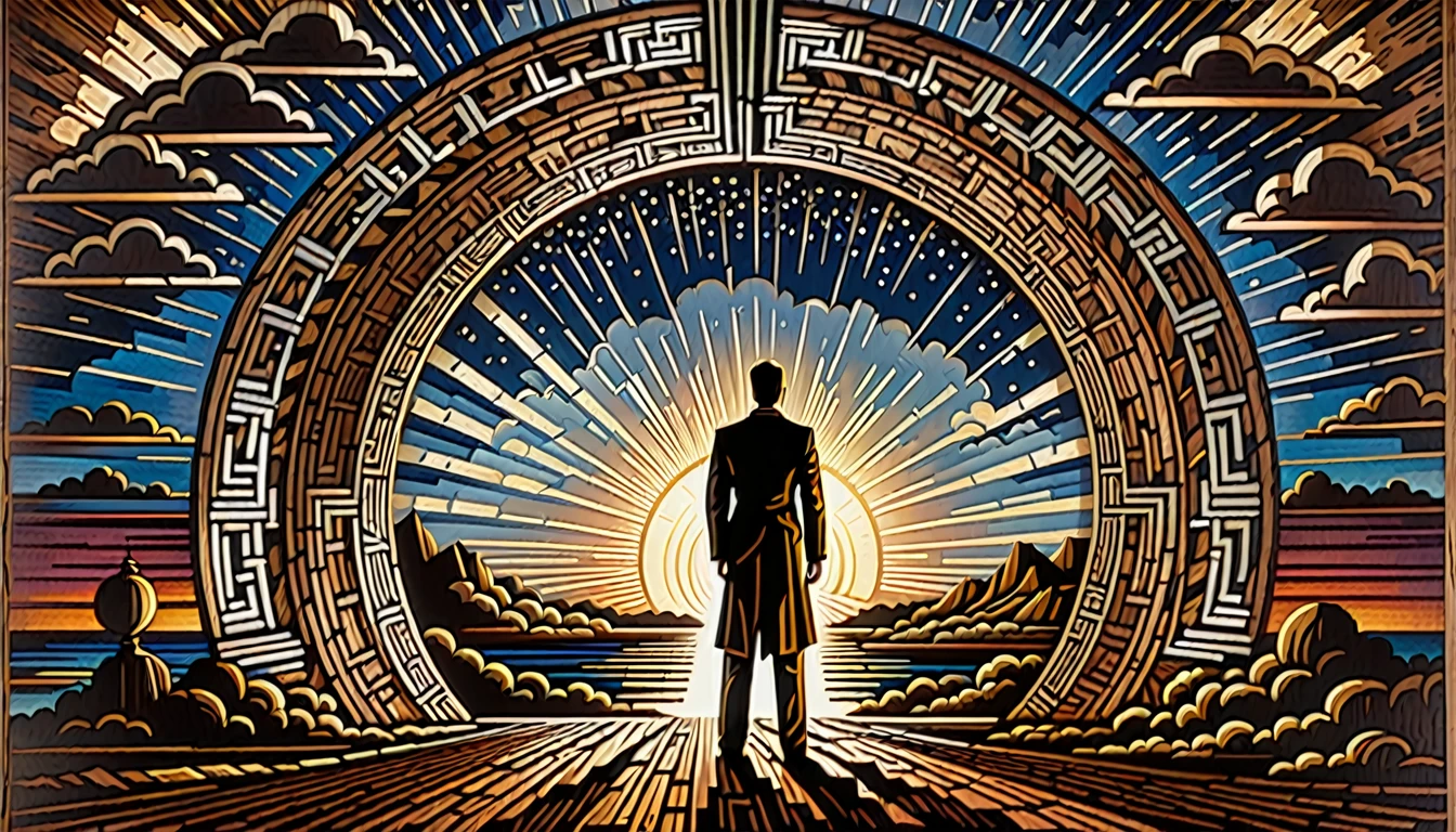 Create a surreal woodcut-style digital image with a contemplative central figure with their back turned, formally dressed, looking at a large portal of light on the horizon. The setting must include symbolic and spiritual elements, like stylized clouds and geometric patterns emanating from the light portal. Use strong, detailed lines to capture the essence of the woodcut, highlighting depth and texture.