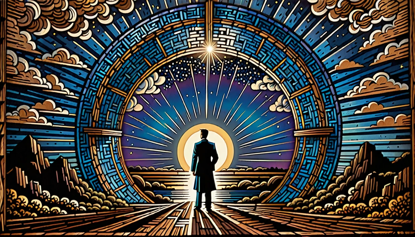 Create a surreal woodcut-style digital image with a contemplative central figure with their back turned, formally dressed, looking at a large portal of light on the horizon. The setting must include symbolic and spiritual elements, like stylized clouds and geometric patterns emanating from the light portal. Use strong, detailed lines to capture the essence of the woodcut, highlighting depth and texture.