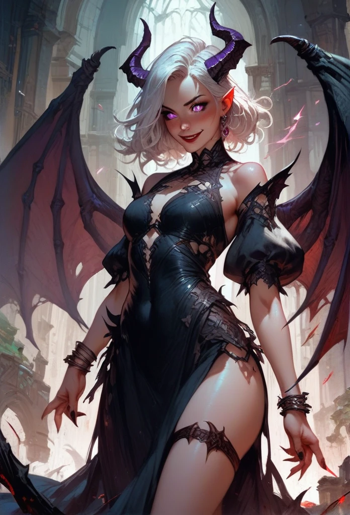 score_9, score_8_up, score_7_up, score_6_up, score_5_up, score_4_up,1girl, demon, dark dress, thigh strap, red lips, blush, smile, white hair, purple eyes,fantasy,solo focus,epic,little black horns, black wings, bat wings, purple eyes, 