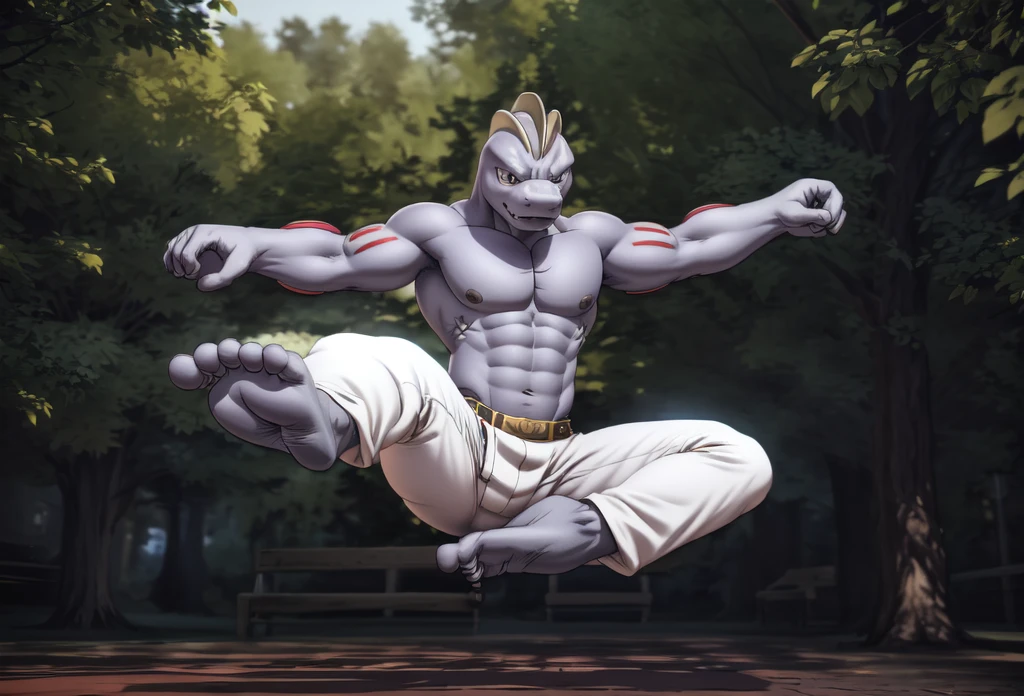 (((Barefoot furry character, full body, cinematic setting, furry male, plantigrade))) 

(((Machoke))) as Capoeira fighter, ((pokemon, long white pants, training Capoeira, in the park)), (((jump))), (((kick))), (((nice feet soles)))

blue body, bara:0.5

BREAK, intricate details, highly detailed, extreme detail, octane render, fine art, best quality, highres, (detailed face:1.5), ((full_body)), UHD, (((perfect hands))), (((perfect feet))), low light