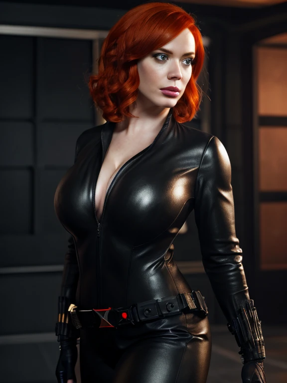 Christina Hendricks as the character Natasha Romanoff/Black Widow from the Marvel Cinematic Universe, with a huge bust in a tight black leather suit, Running makeup on face. Lush bust. Buxom Chested. Leather glitters. Emphasizing large breasts and waist. Christina Hendricks's breasts barely fit in the tight leather suit. Big curvy bust. 4. Metallic belt, metallic armlets, gun holsters and fingerless gloves. Meticulous attention to detail in Black Widow's costume texture and weaponry. Short wavy hairstyle, orange hair color, bright makeup eyelashes, plump lips, confident smile, mascara on eyes. Christina Hendricks is standing confidently in her sleek and deadly attire. Full-body shot, highlighting Black Widow's agile stance and poised demeanor. The award-winning artwork is rendered with sharp precision. The 8k resolution showcases the utmost level of detail, while the cinematic lighting adds depth and mystery to the scene.
