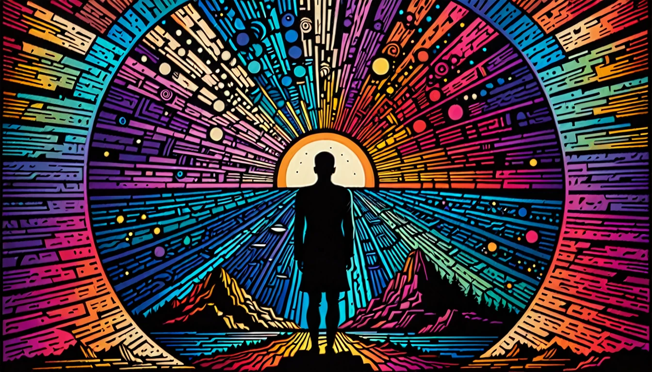 Create a surreal woodcut-style digital image with vibrant colors, Centered on a person experiencing feelings and visions of déjà vu. The image should evoke a spiritual and introspective atmosphere, with elements that highlight the connection between past and present.