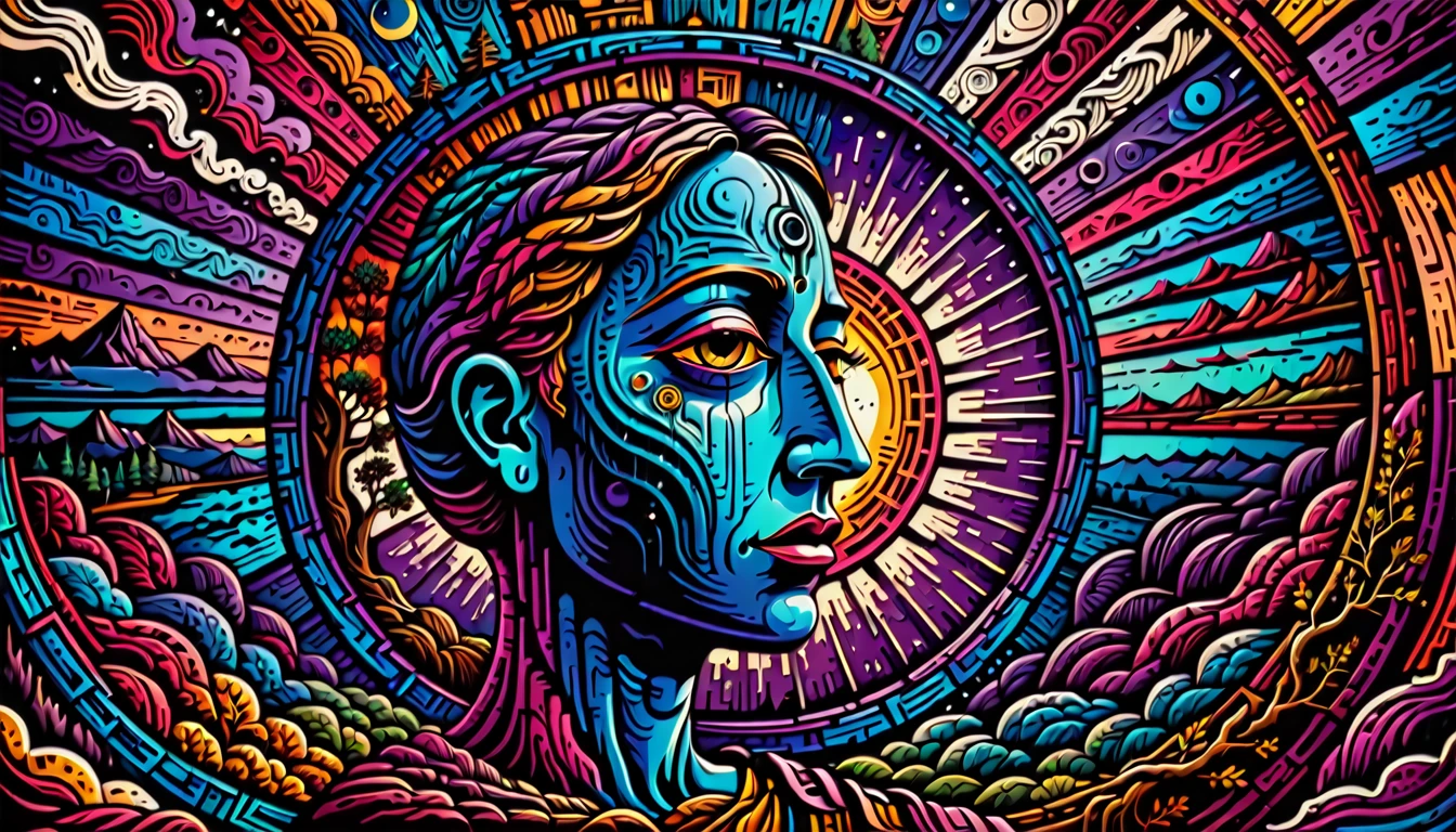 Create a surreal woodcut-style digital image with vibrant colors, Centered on a person experiencing feelings and visions of déjà vu. The image should evoke a spiritual and introspective atmosphere, with elements that highlight the connection between past and present.