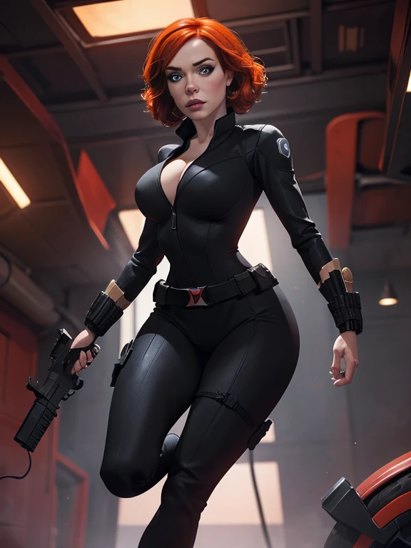 Create a dynamic 4K resolution full body portrait of Christina Hendricks as the character of Black Widow, the fierce Marvel superheroine. Visualize Christina Hendricks as Black Widow with her striking features: her short orange wavy hair. Her bright blue eyes, sharp and focused, should reflect her unwavering determination and strategic mind. She is 4. Include Christina's sculpted cheekbones and slight wrinkles around the face. High-quality facial research of Christina Hendricks. Include Christina Hendricks large breasts. High-quality detailed research of Christina Hendricks voluptuous figure. Dress Christina Hendricks in the iconic Black Widow black tactical suit, with a huge bust the suit, featuring intricate details such as reinforced armor, gun holsters, utility belts, boots and the red hourglass symbol on her belt. The suit is so tight that Christina Hendricks breasts barely fit in it. The suit should appear sleek and functional, emphasizing her agility and combat prowess. Set the scene against the backdrop of a high-tech, futuristic environment, perhaps a S.H.I.E.L.D. headquarters or a cityscape at dusk, with neon lights casting dramatic shadows. Include elements such as holographic displays or glimpses of advanced technology to enhance the modern, action-packed atmosphere. The color palette should be dark and intense, with shades of black and deep reds, contrasted by the cool blues and silvers of the high-tech background, highlighting Black Widow's stealthy and formidable presence. Black Widow's expression should convey a blend of determination, focus, and a hint of vulnerability, capturing her complex character. Her gaze should be piercing and resolute, embodying her role as a master spy and a skilled combatant. This portrait aims to portray Christina Hendricks playing the role as the fictional character of Natasha Romanoff/Black Widow, capturing her iconic features and the high-stakes, action-packed world she inhabits in the Marvel universe
