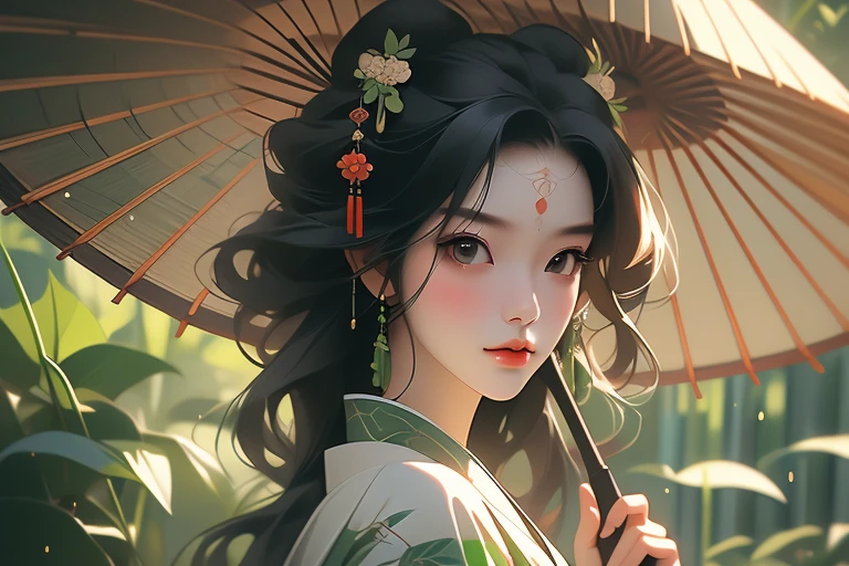 (Highest quality,8k,High resolution,masterpiece:1.2),((masterpiece,Highest quality)), High resolution with great detail, ((Background without umbrella)),araffe woman in kimono holding a green umbrella and a green plant, The body is front,A painting inspired by the bamboo leaves of Otake, shutterstock, Ukiyo-e, in kimono, Japanese women, wear Kimono, (Without an umbrella),(Highly detailed skin and facial textures:1.3), (Ultra detailed face),(Detailed arms),(Beautiful attention to detail),(Beautiful lip detail),Traditional Japanese, Young Japanese girl, wear Kimono, elegant Japanese women, Photographic portrait of a geisha, The Imperial Family&#39;s Wear Kimono, Japanese Kimono