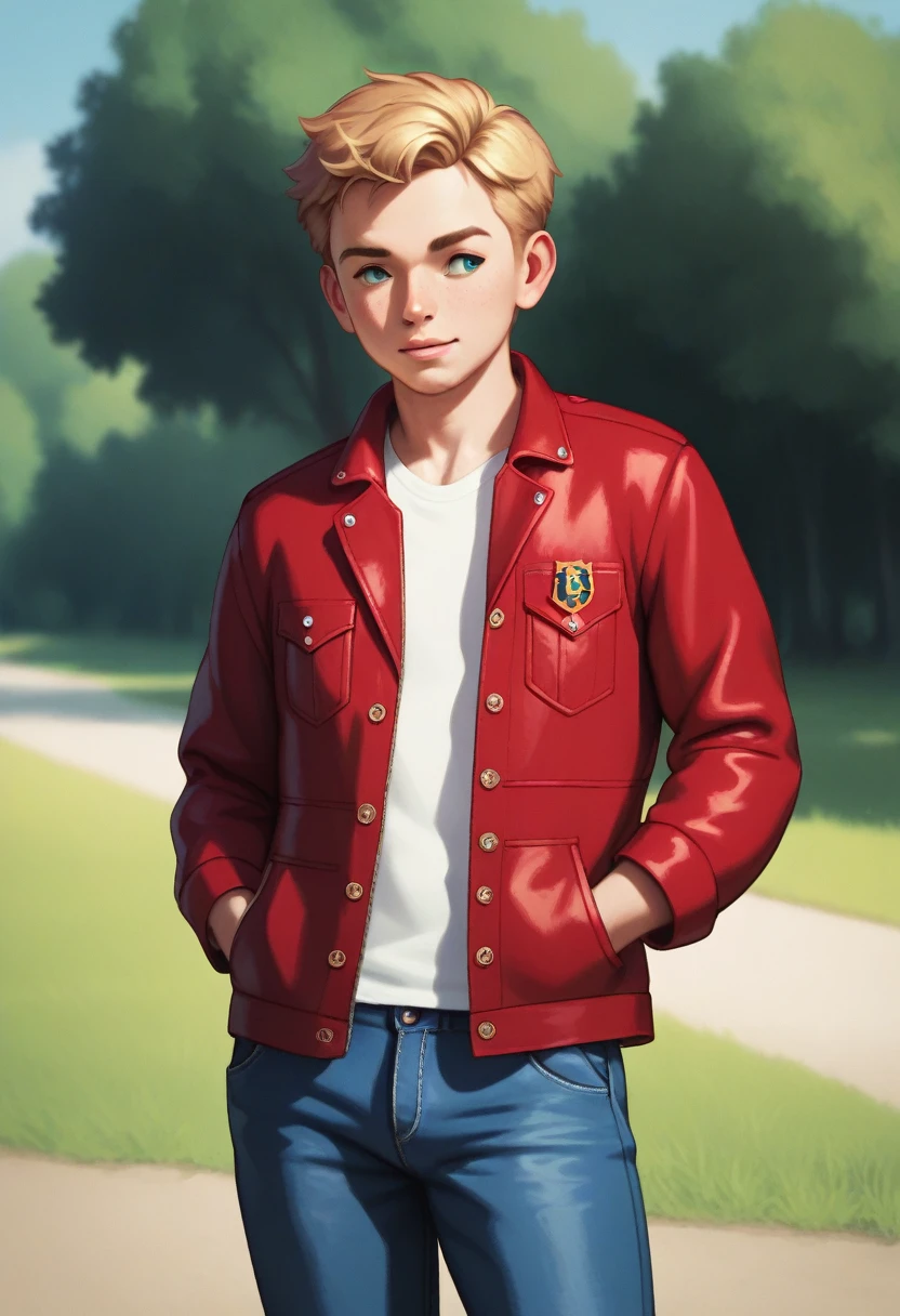 (((Masterpiece))), best quality, cowboy shot, perfect anatomy, (detailed face), outdoors, sunny, warm sunlight, (((realistic faces))), realistic anatomy, painterly)) 1boy, shota, solo, shotacon, red jacket, three quarter view, hand_in_pocket