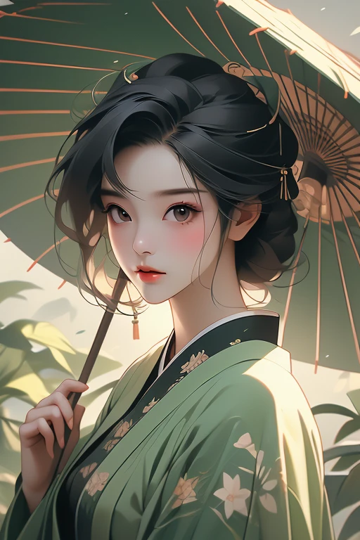 (Highest quality,8k,High resolution,masterpiece:1.2),((masterpiece,Highest quality)), High resolution with great detail, ((Absolutely no umbrella background)),araffe woman in kimono holding a green umbrella and a green plant,((The body is front)),A painting inspired by the bamboo leaves of Otake, shutterstock, Ukiyo-e, in kimono, Japanese women, wear Kimono, (No umbrella),(Highly detailed skin and facial textures:1.3), (Ultra detailed face),(Detailed arms),(Beautiful attention to detail),(Beautiful lip detail),Traditional Japanese, Young Japanese girl, wear Kimono, elegant Japanese women, Photographic portrait of a geisha, The Imperial Family&#39;s Wear Kimono, Japanese Kimono