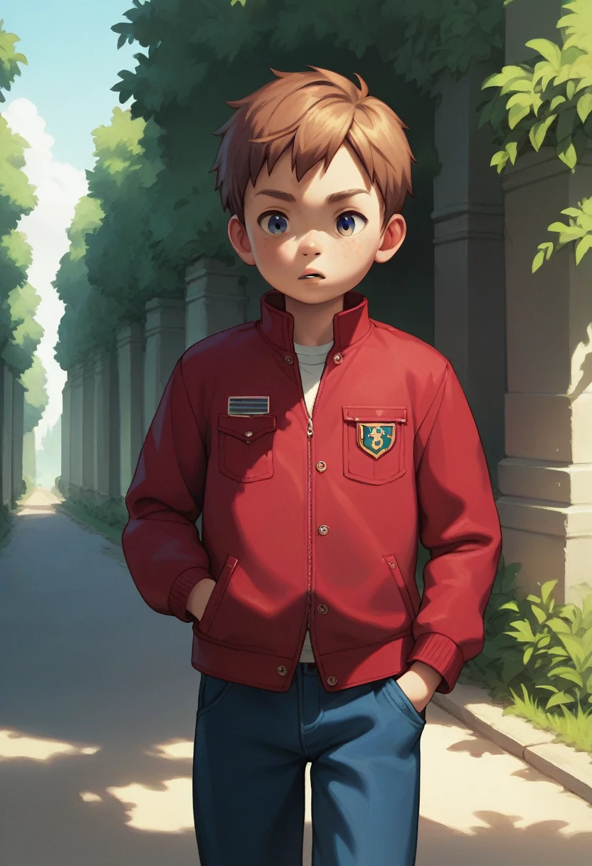 (((Masterpiece))), best quality, cowboy shot, (detailed face), outdoors, sunny, warm sunlight, painterly)) 1boy, ((shota)), solo, red jacket, three quarter view, hand_in_pocket