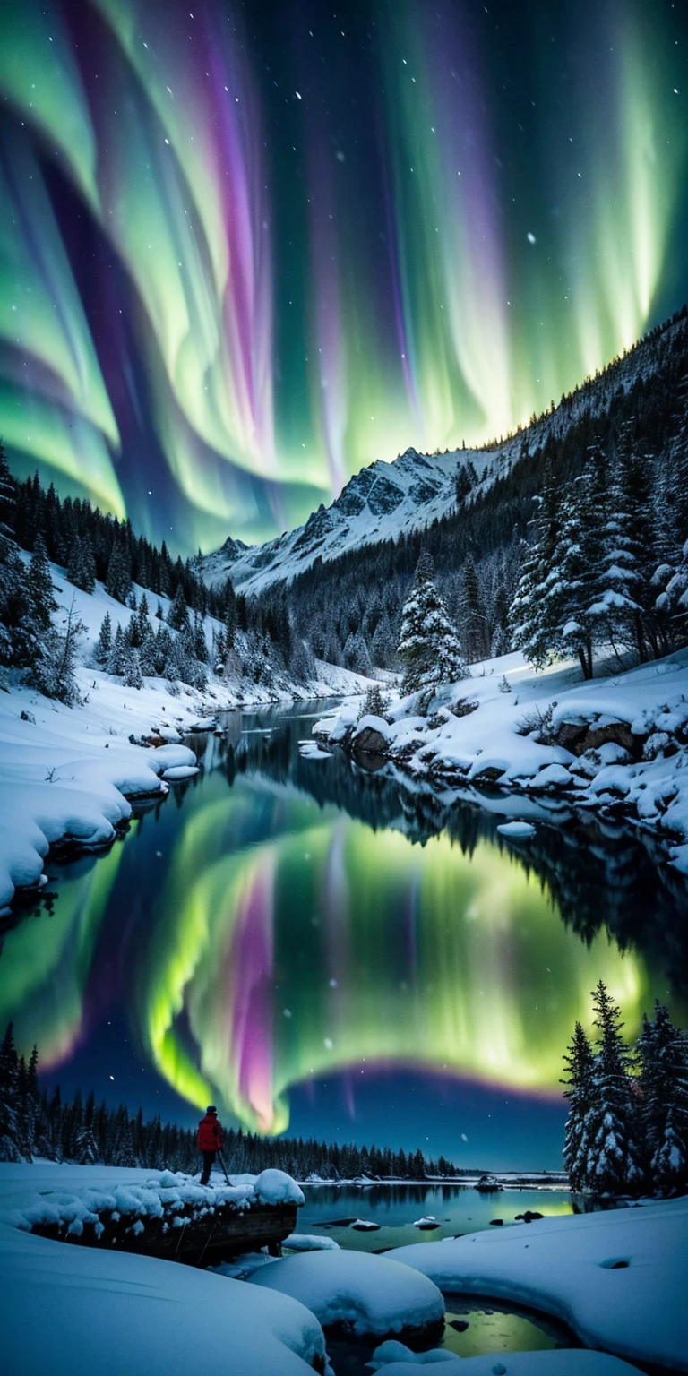 A breathtaking aurora borealis dances across the night sky above a crystalline frozen lake. The ethereal green and purple lights reflect off the glassy surface, creating a mesmerizing mirror effect. In the foreground, a solitary figure in a vibrant red parka stands on the shore, silhouetted against the celestial display. Ancient, gnarled pine trees frame the scene, their branches heavy with snow. In a surreal twist, tropical flowers bloom impossibly from cracks in the ice, their vivid colors a stark contrast to the winter landscape. The image evokes a sense of wonder and the unexpected beauty found in nature's most extreme environments.