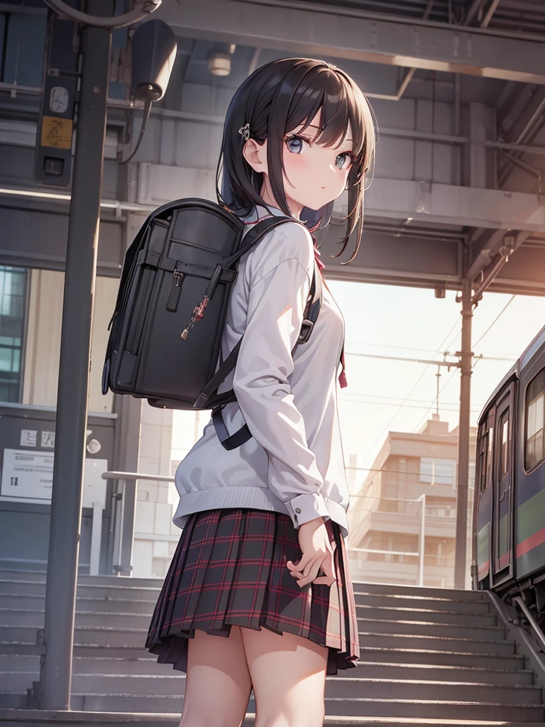 masutepiece, Best Quality, High resolution, Extremely detailed, Detailed background, Cinematic lighting, 1girl in, Looking at Viewer, Wear a plaid shirt, midium skirt, Pleated skirt, Standing, Full body, Wearing a school bag backpack, (Randoseru Backpack:1.0), Sunlight, Waiting train, train station, Stand on the platform , City Girl