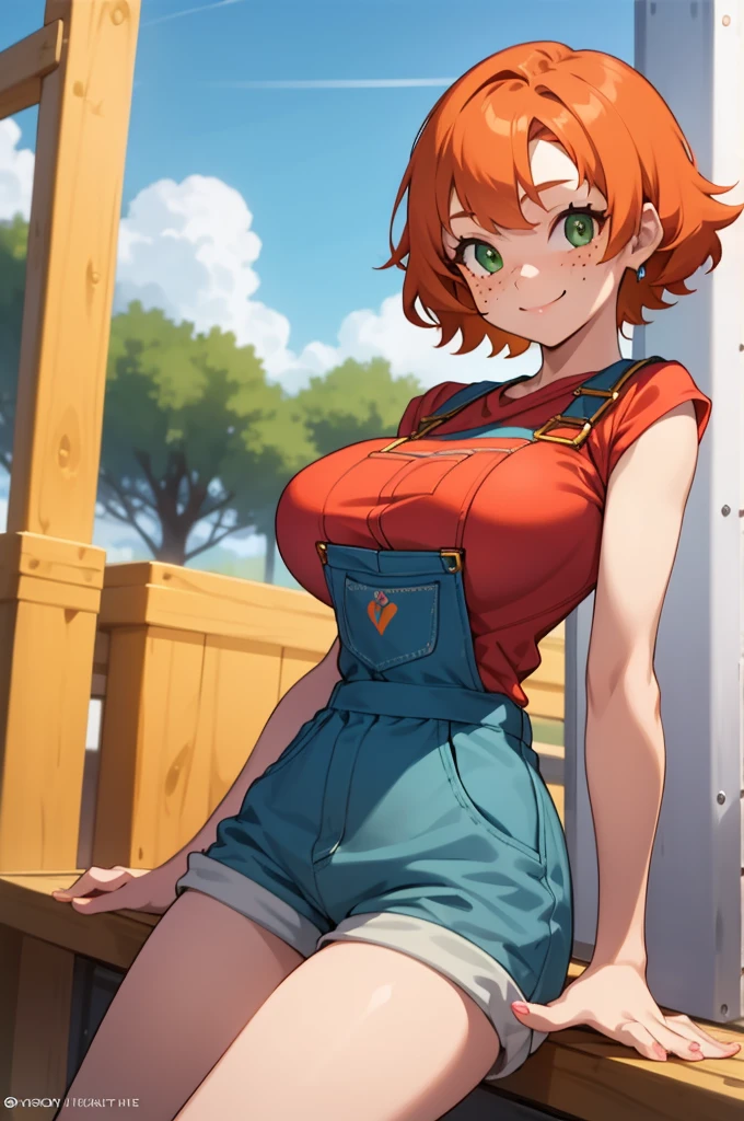 1girl, sxfrances, short hair, orange hair, green eyes, freckles, red overalls, blue_shirt, smile, solo, looking at viewer ,big breasts,shorts