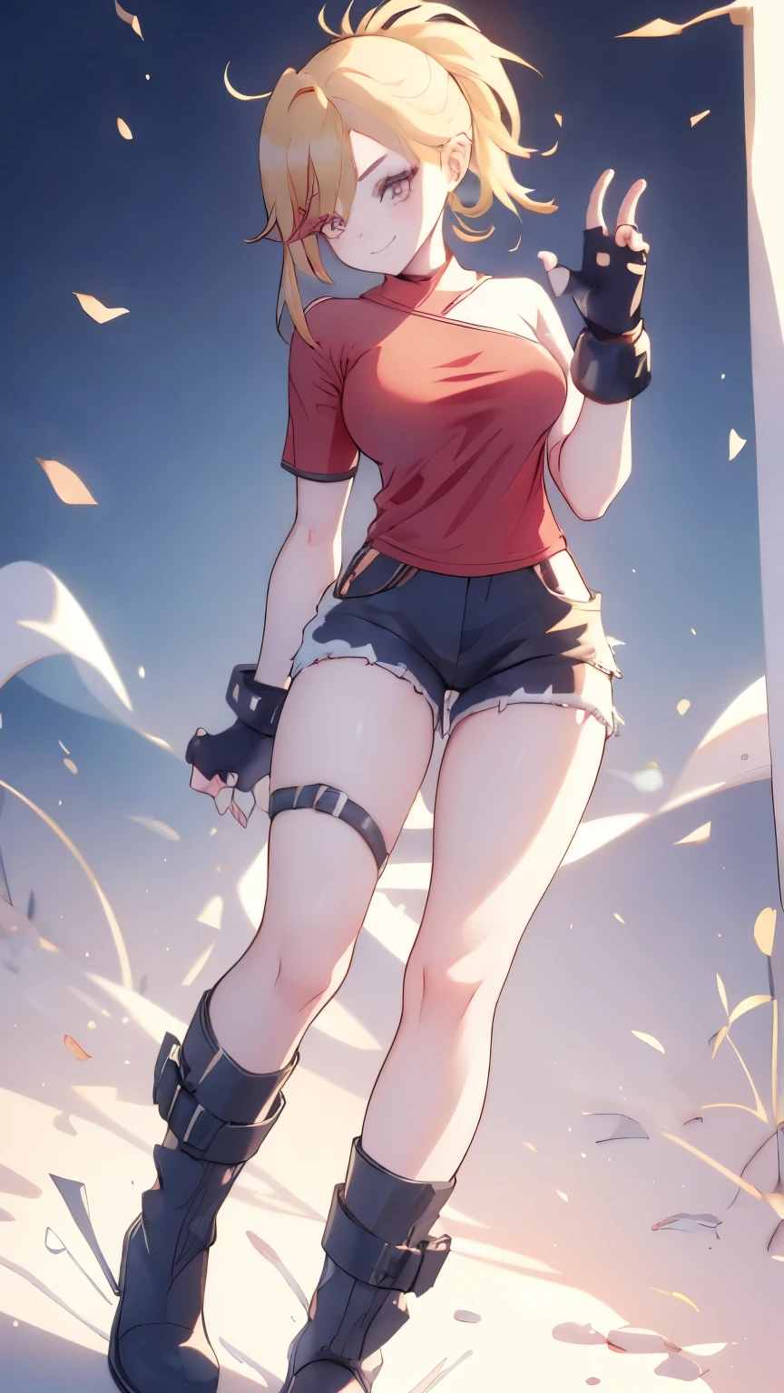 (best quality:1.2),solo,1girl,mdrin,smile,looking at viewer ,lovely pose, ponytail,v-shaped eyebrows,red shirt, fingerless gloves,black shorts , garden background, warm color tones,soft lighting, Hair over one eye, ultra long hair, standing on hooftop, long boots, long ponytail, blonde 