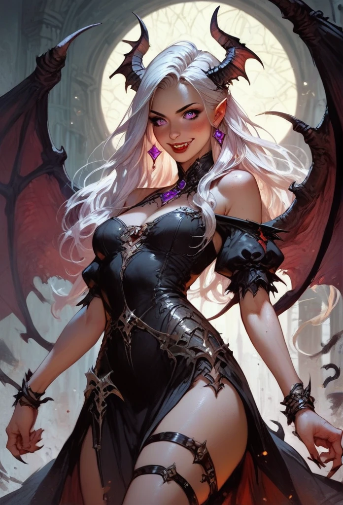 score_9, score_8_up, score_7_up, score_6_up, score_5_up, score_4_up,1girl, vampire, dark dress, thigh strap, red lips, blush, smile, white long hair, purple eyes,fantasy,solo focus,epic,black horns, black wings, bat wings, purple eyes, human ears,