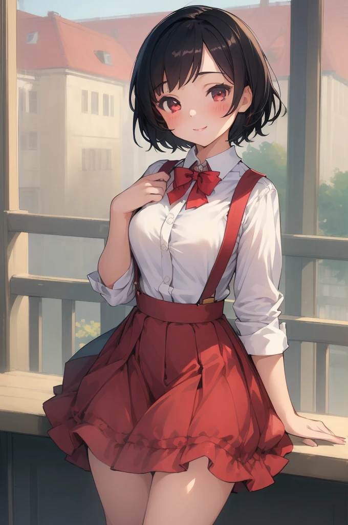 (masterpiece, top quality, best quality, beautiful and aesthetic:1.2), 1girl, solo,  extremely detailed, highest detailed,
1girl, chibi, cbmrk,suspenders, black hair, short hair, red skirt, white shirt, smile, standing, school, bust shot,