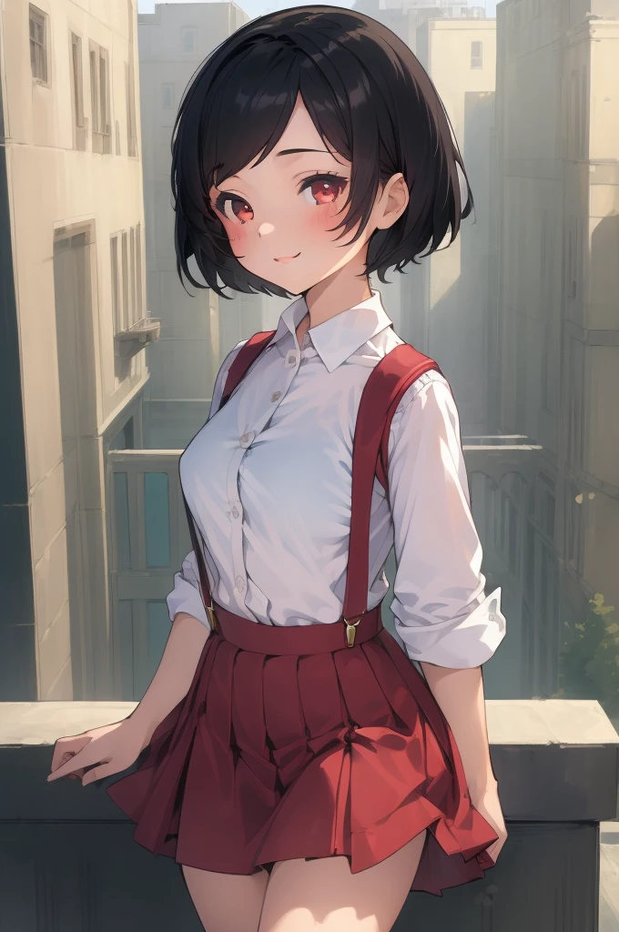 (masterpiece, top quality, best quality, beautiful and aesthetic:1.2), 1girl, solo,  extremely detailed, highest detailed,
1girl, chibi, cbmrk,suspenders, black hair, short hair, red skirt, white shirt, smile, standing, school, bust shot,