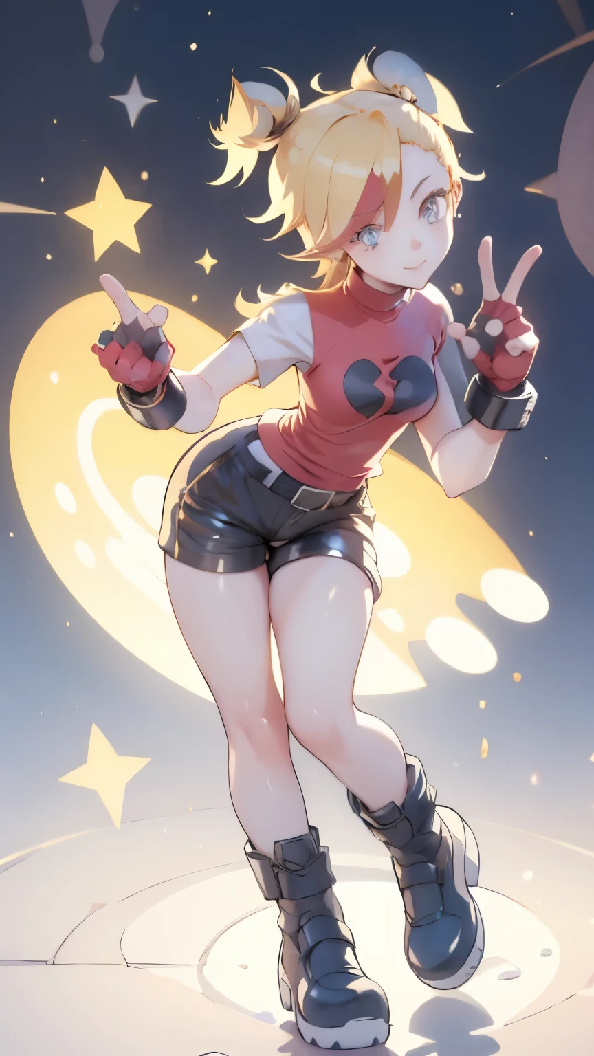 (best quality:1.2),solo,1girl,mdrin,smile,looking at viewer ,lovely pose, ponytail,v-shaped eyebrows,red shirt, fingerless gloves,black shorts , garden background, warm color tones,soft lighting, Hair over one eye, ultra long hair, standing on hooftop, long boots, long ponytail, blonde 