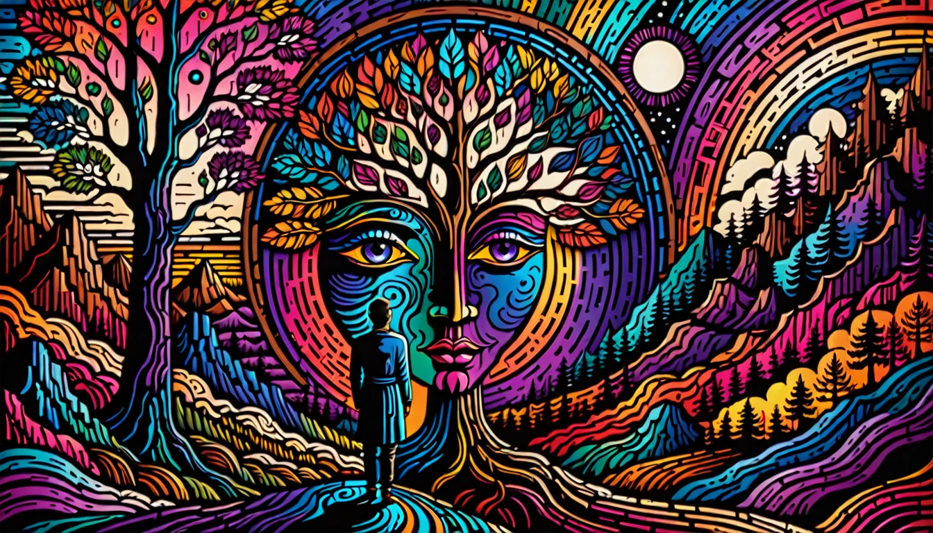 Create a surreal woodcut-style digital image with vibrant colors, Centered on a person experiencing feelings and visions of déjà vu. The image should evoke a spiritual and introspective atmosphere, with elements that highlight the connection between past and present.