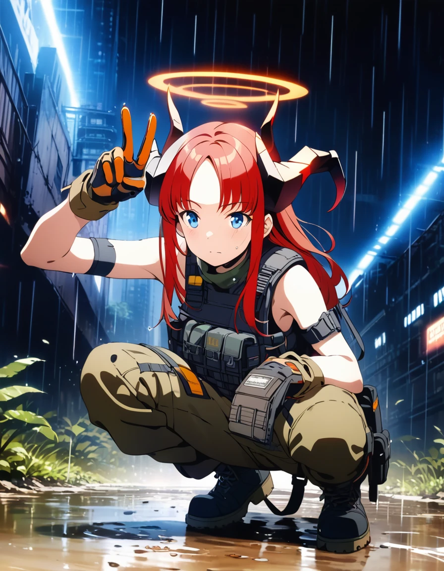 face_focus,looking at viewer,solo,long hair,halo,blue eyes,gloves,bangs,bare shoulders,amazing composition,beautiful,incredible lighting,horns,long red hair,morose facial expression,raw photo,squatting,head up, tactical gear, bulletproof vest, black tactical boots, tactical gloves, backless overalls,farm,rain,puddle,double exposure,cyberpunk,tactical gear,(exosuit:0.4),(cyborg woman:0.4),futuristic,wearing boots,incredibly absurdres,artbook,Cinematic Lighting,complex background,detailed cyberpunk background,v,arm_up,