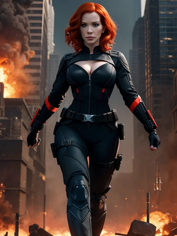 Create a dynamic 4K resolution full body portrait of Christina Hendricks as the character of Black Widow, the fierce Marvel superheroine. Visualize Christina Hendricks as Black Widow with her striking features: her short orange wavy hair. Her bright blue eyes, sharp and focused, should reflect her unwavering determination and strategic mind. She is 4. Include Christina's sculpted cheekbones and slight wrinkles around the face. High-quality facial research of Christina Hendricks. Include Christina Hendricks large breasts. High-quality detailed research of Christina Hendricks voluptuous figure. Dress Christina Hendricks in the iconic Black Widow black tactical suit, with a huge bust the suit, featuring intricate details such as reinforced armor, gun holsters, utility belts, boots and the red hourglass symbol on her belt. The suit is so tight that Christina Hendricks breasts barely fit in it. The suit should appear sleek and functional, emphasizing her agility and combat prowess. Set the scene against the backdrop of a high-tech, futuristic environment, perhaps a S.H.I.E.L.D. headquarters or a cityscape at dusk, with neon lights casting dramatic shadows. Include elements such as holographic displays or glimpses of advanced technology to enhance the modern, action-packed atmosphere. The color palette should be dark and intense, with shades of black and deep reds, contrasted by the cool blues and silvers of the high-tech background, highlighting Black Widow's stealthy and formidable presence. Black Widow's expression should convey a blend of determination, focus, and a hint of vulnerability, capturing her complex character. Her gaze should be piercing and resolute, embodying her role as a master spy and a skilled combatant. This portrait aims to portray Christina Hendricks playing the role as the fictional character of Natasha Romanoff/Black Widow, capturing her iconic features and the high-stakes, action-packed world she inhabits in the Marvel universe
