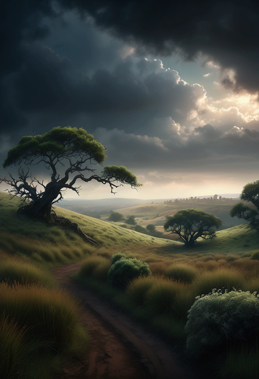 a field with hopeless exploration, fantasy landscape, rolling hills, overgrown vegetation, gnarled trees, moody lighting, dramatic clouds, muted color palette, atmospheric haze, sense of mystery and abandonment, (best quality,4k,8k,highres,masterpiece:1.2),ultra-detailed,(realistic,photorealistic,photo-realistic:1.37),cinematic composition,dramatic light and shadows,moody atmosphere,intricate details