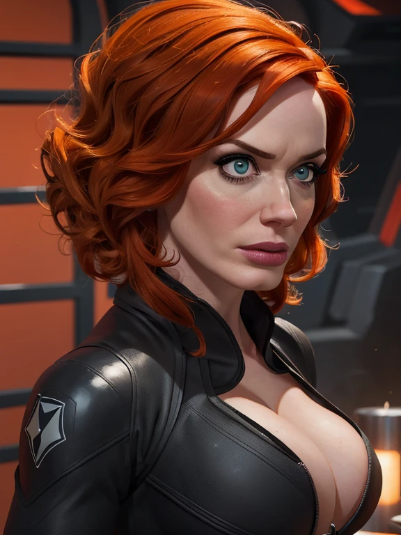 Create a dynamic 4K resolution full body portrait of Christina Hendricks as the character of Black Widow, the fierce Marvel superheroine. Visualize Christina Hendricks as Black Widow with her striking features: her short orange wavy hair. Her bright blue eyes, sharp and focused, should reflect her unwavering determination and strategic mind. She is 48 years old. Include Christina's sculpted cheekbones and slight wrinkles around the face. High-quality facial research of Christina Hendricks. Include Christina Hendricks large breasts. High-quality detailed research of Christina Hendricks voluptuous figure. Dress Christina Hendricks in the iconic Black Widow black tactical suit, with a huge bust the suit, featuring intricate details such as reinforced armor, gun holsters, utility belts, boots and the red hourglass symbol on her belt. The suit is so tight that Christina Hendricks breasts barely fit in it. The suit should appear sleek and functional, emphasizing her agility and combat prowess. Set the scene against the backdrop of a high-tech, futuristic environment, perhaps a S.H.I.E.L.D. headquarters or a cityscape at dusk, with neon lights casting dramatic shadows. Include elements such as holographic displays or glimpses of advanced technology to enhance the modern, action-packed atmosphere. The color palette should be dark and intense, with shades of black and deep reds, contrasted by the cool blues and silvers of the high-tech background, highlighting Black Widow's stealthy and formidable presence. Black Widow's expression should convey a blend of determination, focus, and a hint of vulnerability, capturing her complex character. Her gaze should be piercing and resolute, embodying her role as a master spy and a skilled combatant. This portrait aims to portray Christina Hendricks playing the role as the fictional character of Natasha Romanoff/Black Widow, capturing her iconic features and the high-stakes, action-packed world she inhabits in the Marvel universe
