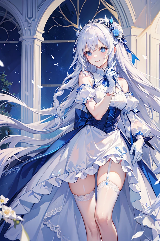 A woman with white hair and blue eyes、adult、Long, fluffy wavy hair、Braiding、Wearing hair ornaments、Smiling、Princess、White gloves、blue and white lace dress、ribbon、Decorations such as roses and drops、The dress is short in the front and long in the back、Garter Ring、Fantasy