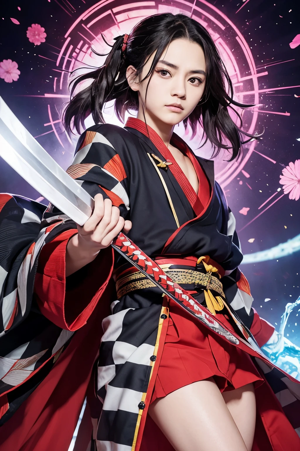 Kimetsu no Yaiba presents vibrant and impactful art. At the center, is the protagonist, tanjiro kamado, with a determined expression and a striking look. He wears a checkered haori and is holding a sword.. Next to you, There&#39;s the demon he&#39;s facing, with a design that emphasizes its threatening and monstrous appearance. The background has a dark tone that highlights the characters and the tense atmosphere of the story. The manga&#39;s title is written in a large, stylized font at the top of the cover., 1 girl, long hair, dark hair, Eyes red, red outfit, black shorts, short shorts, 1 boy, blue hair, green clothes, short-hair, navy blue eyes