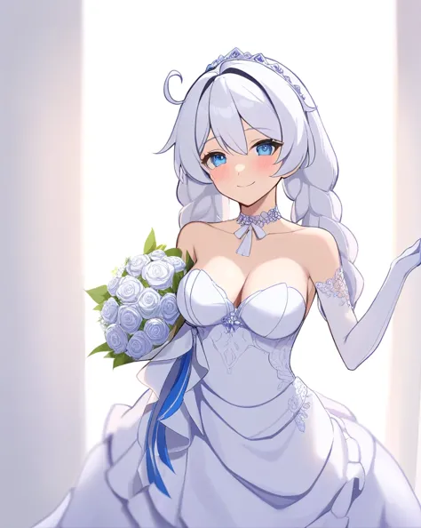 masterpiece,best quality, kiana kaslana \(honkai impact 3rd\), 1girl, dress, solo, flower, wedding_dress, long_hair, gloves, loo...