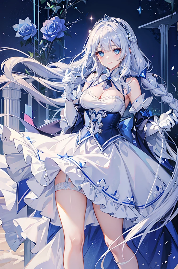 A woman with white hair and blue eyes、adult、Long, fluffy wavy hair、Braiding、Wearing hair ornaments、Smiling、Princess、White gloves、Blue-tinted dress、ribbon、Decorations such as roses and drops、race、The dress is short in the front and long in the back、Garter Ring、Fantasy