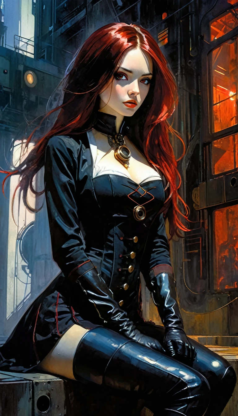 a woman dressed in anime style sitting under a futuristic building, 1 girl, dress, alone, hair, gloves, two stories, looking at viewer, red eyes, long hair, black gloves, long sleeves, long hair, steampunk、Short hair , very detailed oil painting, chiaroscuro, sensual, dramatic lighting, moody atmosphere, photorealistic, intricate details, masterpiece, ultra-detailed, high quality, 8k, best quality, realistic, cinematic, dark and brooding, expressionistic, powerful composition, emotional impact, Bill Sienkiewicz inspired art
