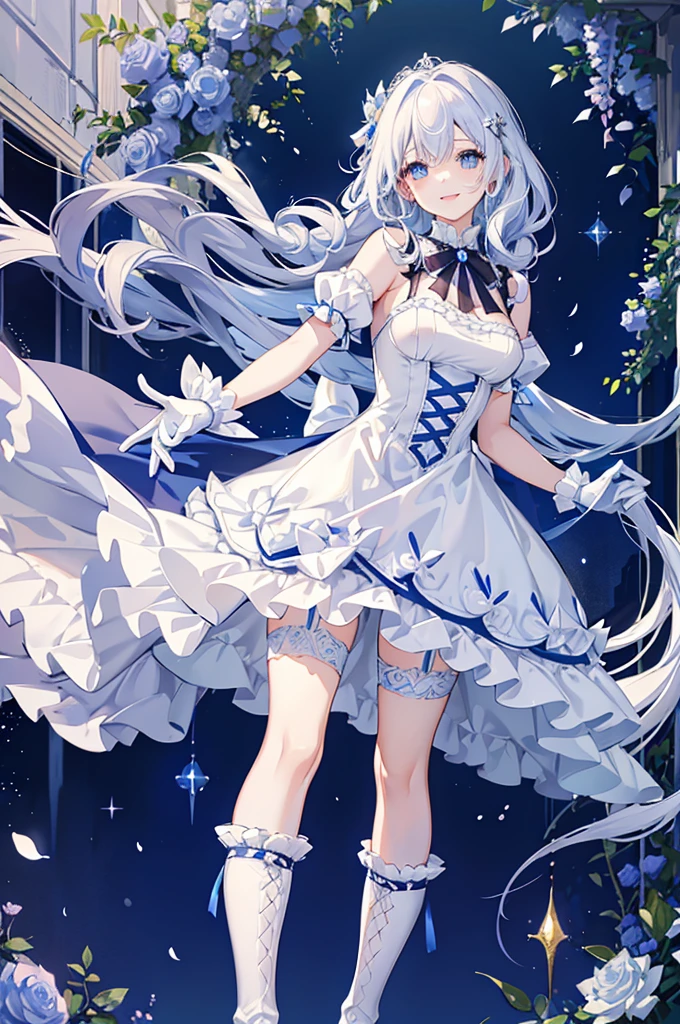 A woman with white hair and blue eyes、adult、Long, fluffy wavy hair、Braiding、Wearing hair ornaments、Smiling、Princess、White gloves、Blue-tinted dress、ribbon、Decorations such as roses and drops、race、The dress is short in the front and long in the back、Garter Ring、short boots、Fantasy