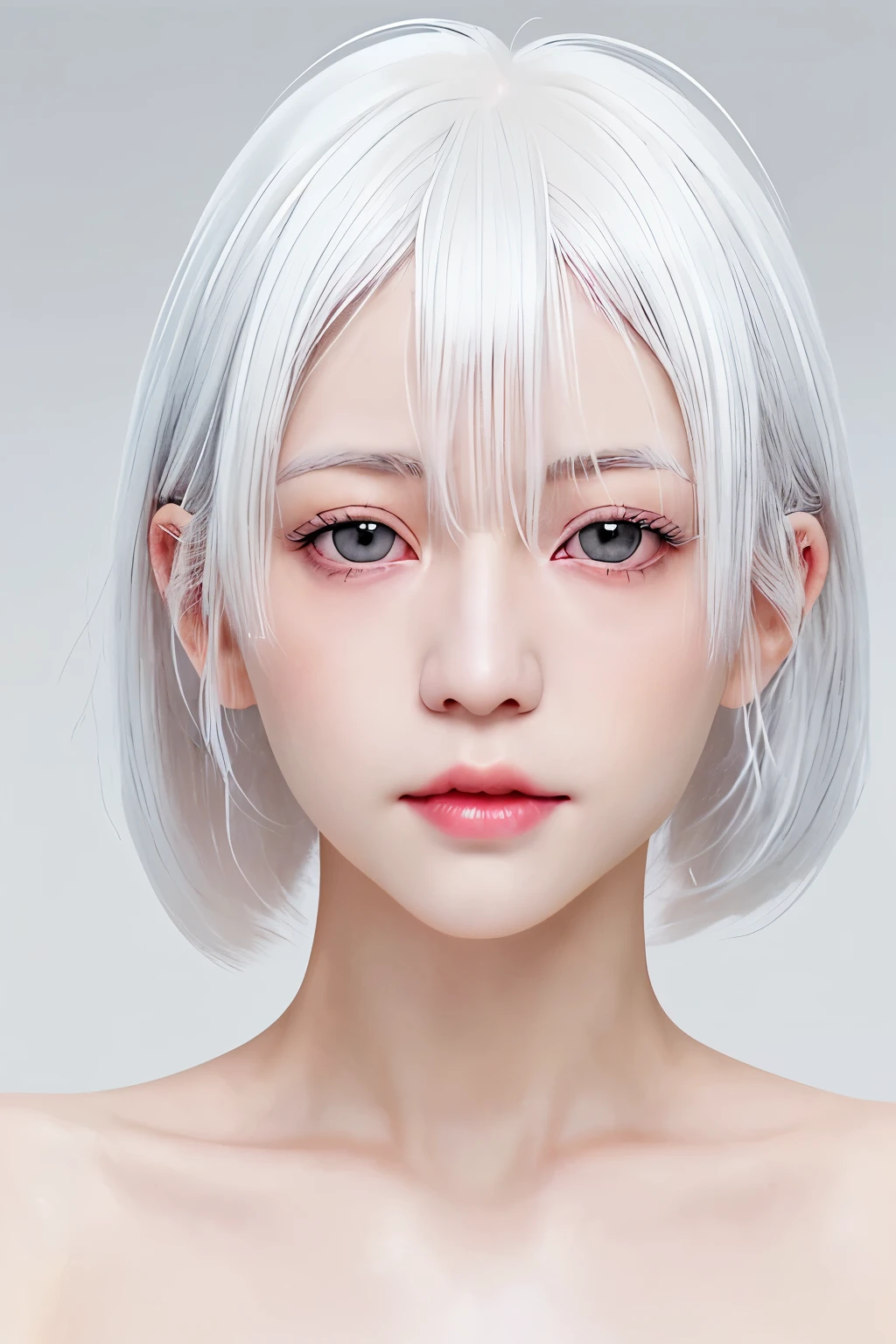 girl with white hair, 小柄, emo cut, fringe covering the eyes, peach lipps))pink. black cropped, breasts marking, Breasts huge, extremely huge., eyes large, crystalline. focus well on her face. pale skin, Caucasian skin, very white skin, marked cheeks, hair floating, angelic illumination, neve.