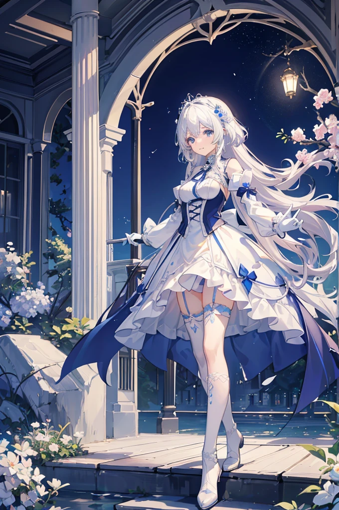 A woman with white hair and blue eyes、adult、Long, fluffy wavy hair、Braiding、Wearing hair ornaments、Smiling、Princess、Finger on mouth、White gloves、Blue-tinted dress、ribbon、Decorations such as roses and drops、race、The dress is short in the front and long in the back、Garter Ring、short boots、Fantasy