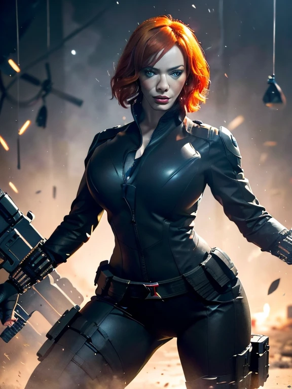 Create a dynamic 4K resolution full body portrait of Christina Hendricks as the character of Black Widow, the fierce Marvel superheroine. Visualize Christina Hendricks as Black Widow with her striking features: her short orange wavy hair. Her bright blue eyes, sharp and focused, should reflect her unwavering determination and strategic mind. She is 48 years old. Include Christina's sculpted cheekbones and slight wrinkles around the face. High-quality facial research of Christina Hendricks. Include Christina Hendricks large breasts. High-quality detailed research of Christina Hendricks voluptuous figure. Dress Christina Hendricks in the iconic Black Widow black tactical suit, with a huge bust the suit, featuring intricate details such as reinforced armor, gun holsters, utility belts, boots and the red hourglass symbol on her belt. The suit is so tight that Christina Hendricks breasts barely fit in it. The suit should appear sleek and functional, emphasizing her agility and combat prowess. Set the scene against the backdrop of a high-tech, futuristic environment, perhaps a S.H.I.E.L.D. headquarters or a cityscape at dusk, with neon lights casting dramatic shadows. Include elements such as holographic displays or glimpses of advanced technology to enhance the modern, action-packed atmosphere. The color palette should be dark and intense, with shades of black and deep reds, contrasted by the cool blues and silvers of the high-tech background, highlighting Black Widow's stealthy and formidable presence. Black Widow's expression should convey a blend of determination, focus, and a hint of vulnerability, capturing her complex character. Her gaze should be piercing and resolute, embodying her role as a master spy and a skilled combatant. This portrait aims to portray Christina Hendricks playing the role as the fictional character of Natasha Romanoff/Black Widow, capturing her iconic features and the high-stakes, action-packed world she inhabits in the Marvel universe
