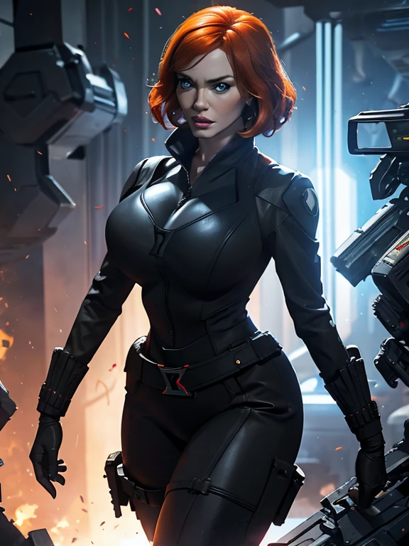 Create a dynamic 4K resolution full body portrait of Christina Hendricks as the character of Veuve noire, la féroce super-héroïne Marvel. Visualize Christina Hendricks as Veuve noire with her striking features: ses cheveux courts orange ondulés. Ses yeux bleu vif, sharp and se concentrered, devrait refléter sa détermination inébranlable et son esprit stratégique. elle a 4 ans. jenclude Christina's sculpted cheekbones and slight wrinkles around the face. Recherche faciale de haute qualité de Christina Hendricks. jenclude Christina Hendricks large breasts. Recherche détaillée de haute qualité de la figure voluptueuse de Christina Hendricks. Dress Christina Hendricks in the iconic Veuve noire black tactical suit, avec un énorme buste le costume, présentant des détails complexes tels qu&#39;une armure renforcée, étuis à armes à feu, ceintures utilitaires, des bottes et le symbole du sablier rouge sur sa ceinture. Le costume est si serré que les seins de Christina Hendricks y rentrent à peine. Le costume doit paraître élégant et fonctionnel, mettant l&#39;accent sur son agilité et ses prouesses au combat. Plantez le décor dans un contexte de haute technologie, environnement futuriste, peut-être un S.H.je.ET.je.D. siège social ou un paysage urbain au crépuscule, avec des néons projetant des ombres dramatiques. jenclude elements such as holographic displays or glimpses of advanced technology to enhance the modern, Ambiance pleine d&#39;action. La palette de couleurs doit être sombre et intense, avec des nuances de noir et de rouges profonds, contrasté par les bleus froids et les argents du fond high-tech, highlighting Veuve noire's stealthy and formidable presence. Veuve noire's expression should convey a blend of determination, se concentrer, et un soupçon de vulnérabilité, capturer son caractère complexe. Son regard doit être perçant et résolu, incarnant son rôle de maître espion et de combattante habile. Ce portrait vise à représenter Christina Hendricks jouant le rôle du personnage fictif de Natasha Romanoff./Veuve noire, capturer ses traits emblématiques et les enjeux élevés, monde plein d&#39;action dans lequel elle habite dans l&#39;univers Marvel
