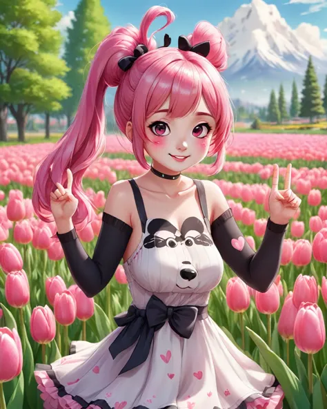 a panda anime girl in a field of tulips is showing a peace sign. with pink hair in 2 buns winking in one eye. wearing a pretty d...