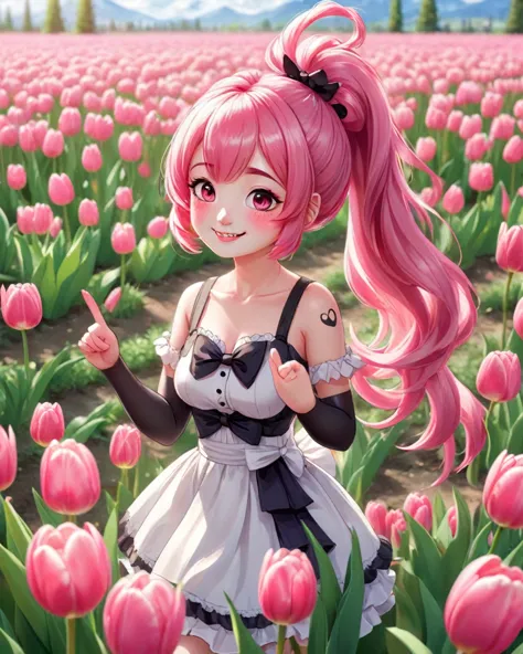 a panda anime girl in a field of tulips is showing a peace sign. with pink hair in 2 buns winking in one eye. wearing a pretty d...