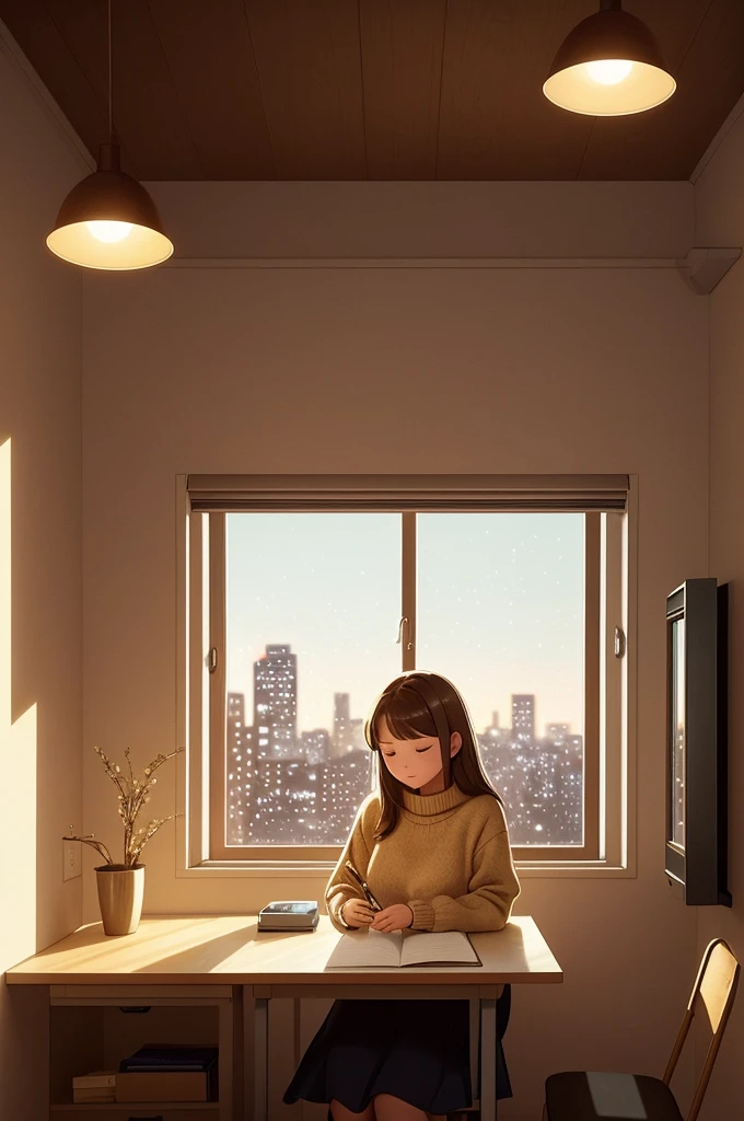 Intérieur douillet avec une adolescente assise à un bureau, porter un pull. elle écrit, avec une expression réfléchie, étoiles dorées suspendues. Fenêtre avec vue nocturne sur la ville. Ambiance intime et chaleureuse avec un éclairage doux "Style d'animation fluide avec des lignes nettes, couleurs saturées et ombres douces, qui rappelle les illustrations du Studio Ghibli ou de Lofi."