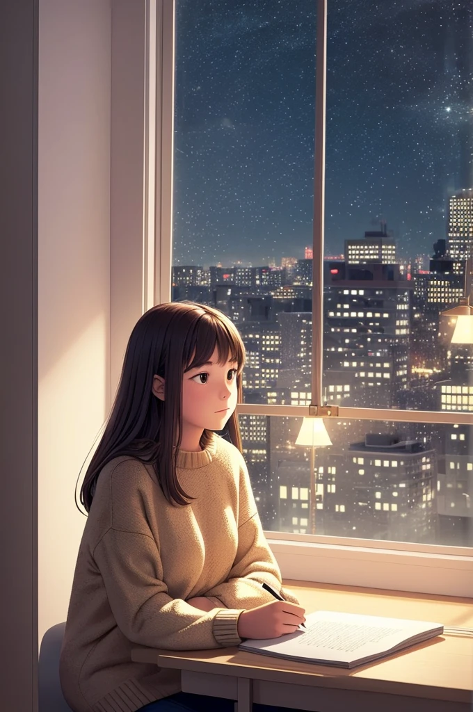 Cozy interior with a teenage girl sitting at a desk, wearing a sweater. She is writing, with a thoughtful expression, hanging golden stars. Window with a night view of the city. Intimate and warm atmosphere with soft lighting "Smooth animation style with clean lines, saturated colors and soft shadows, reminiscent of Studio Ghibli or Lofi illustrations."